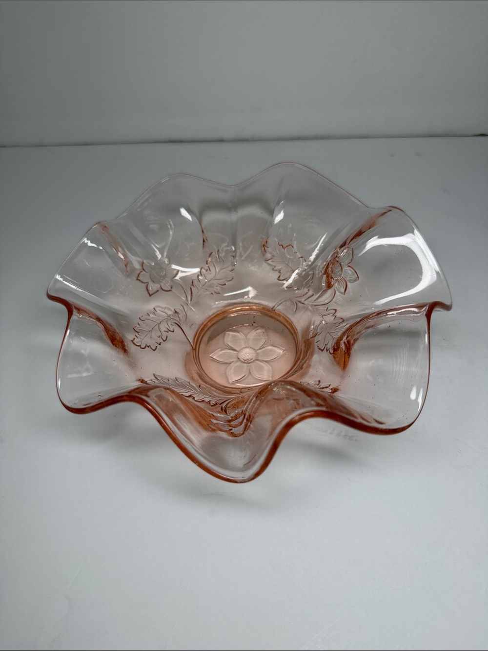 Vintage Pink Depression Glass Bowl Dugan Apple Blossom Ruffled Edge Candy Dish